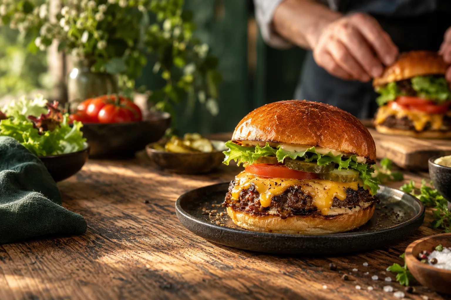 Burger maison gourmand sur une assiette en céramique